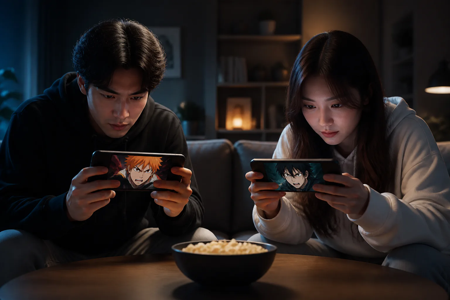 Two people gaming on handheld devices