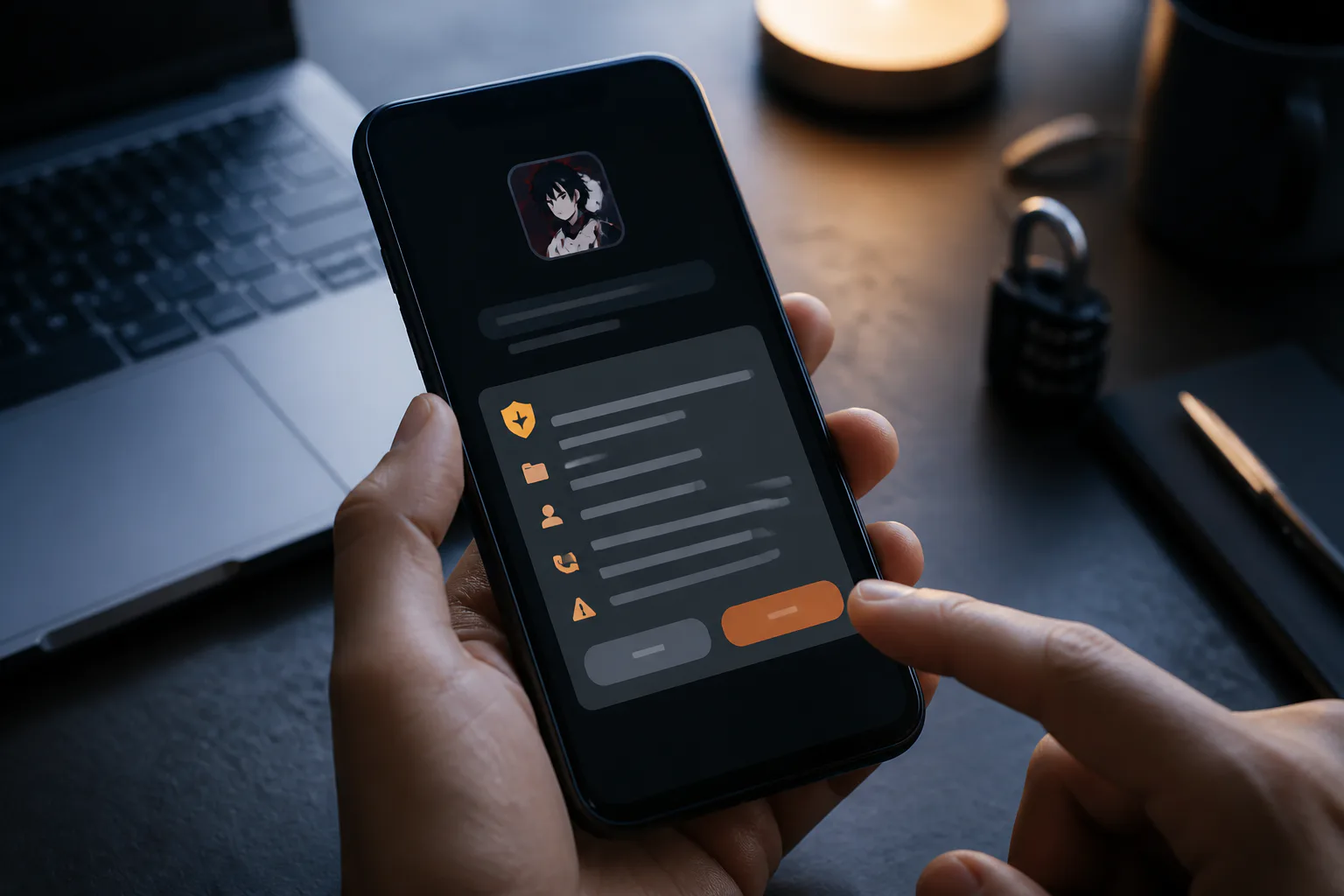 Hand holding smartphone with security app