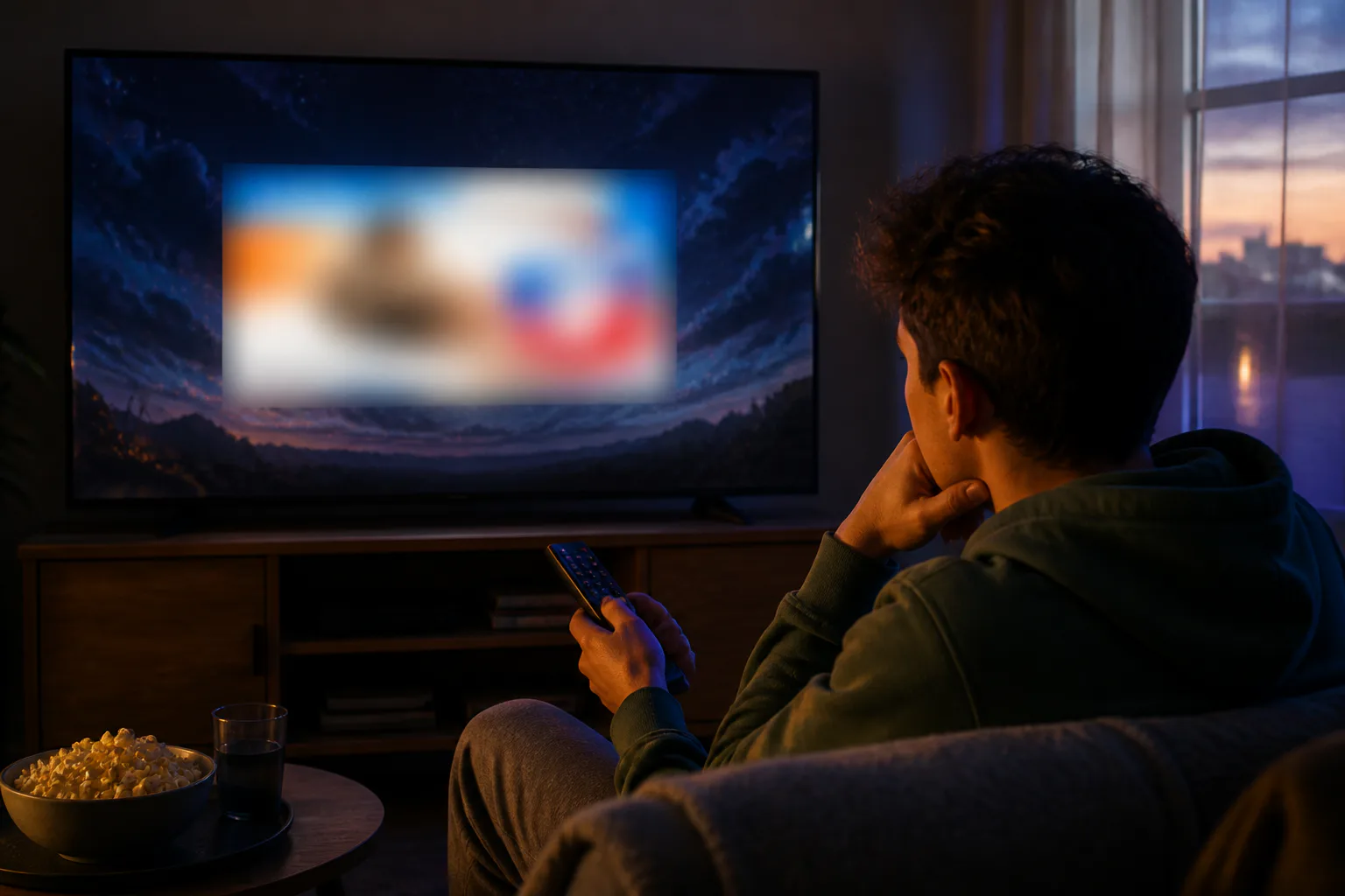 Person watching TV with popcorn