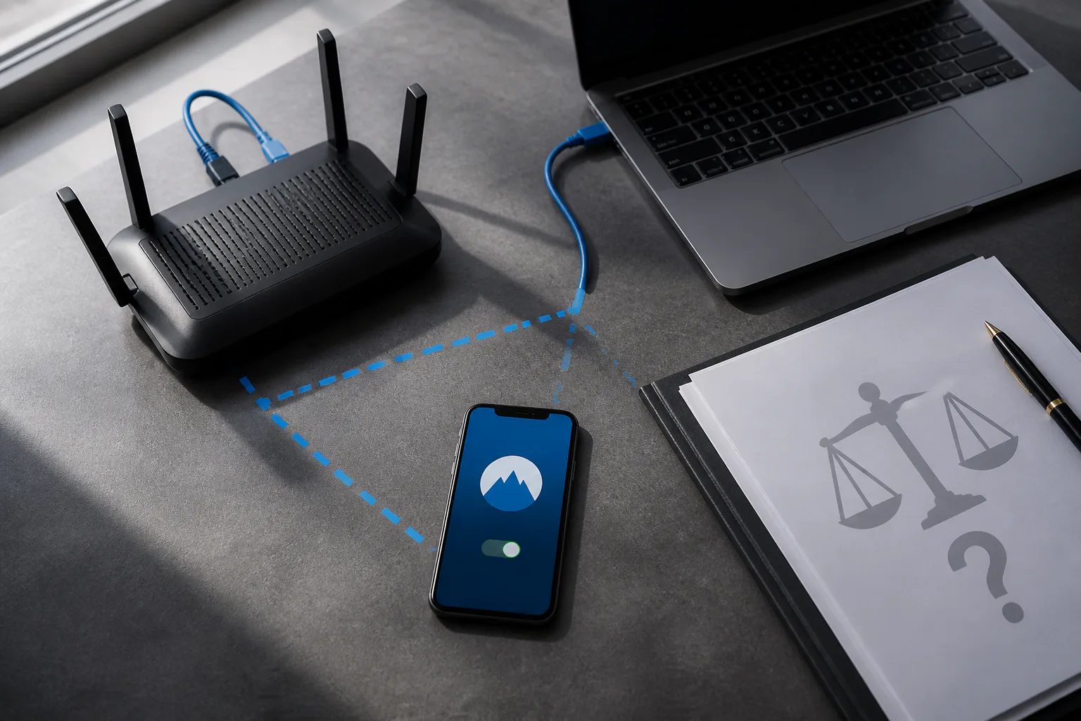Router connected to laptop and VPN-enabled phone
