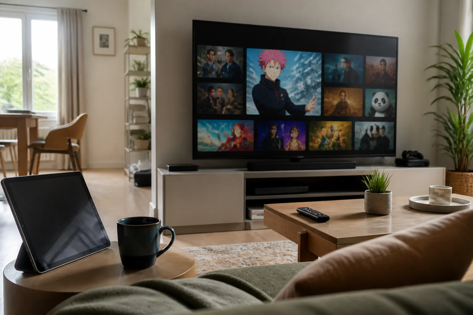 Living room with TV streaming anime shows