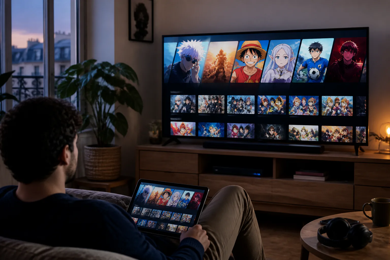 Person watching anime on TV and tablet