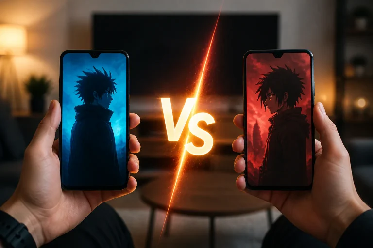 Two phones display anime characters facing off