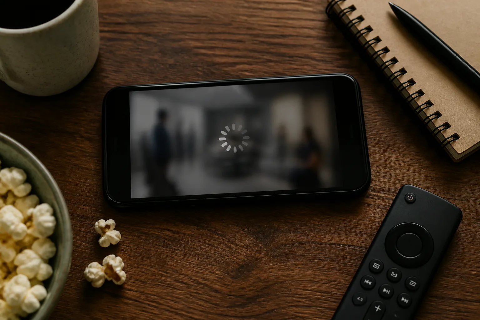 Tablet streaming video beside popcorn and remote