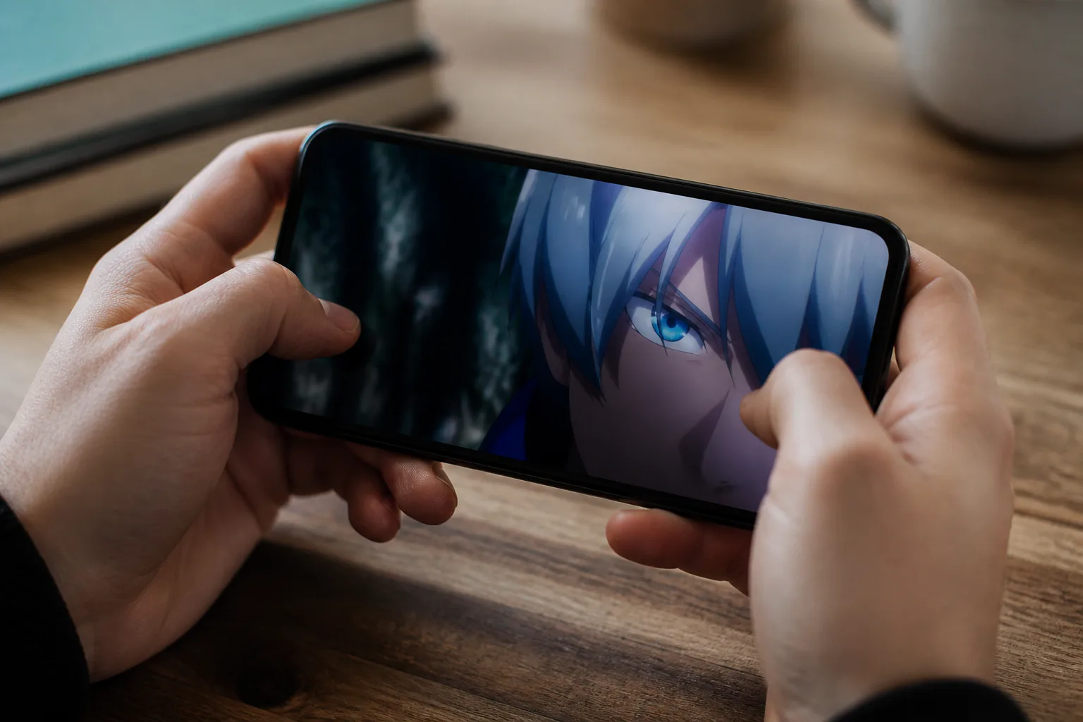 Hands holding a phone showing an anime character