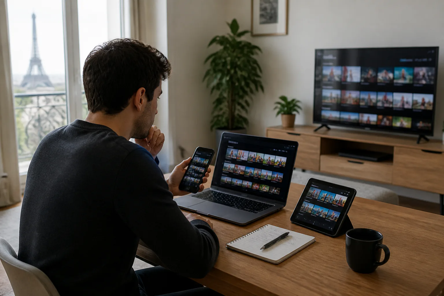 Man watches streaming devices in Paris apartment