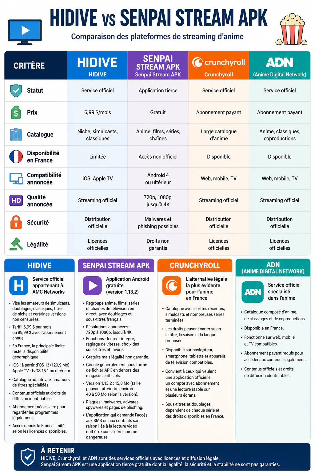 Infographie comparant Hidive, Senpai Stream APK, Crunchyr...