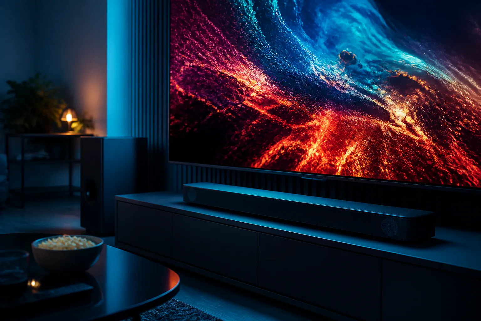Home theater with colorful abstract TV display