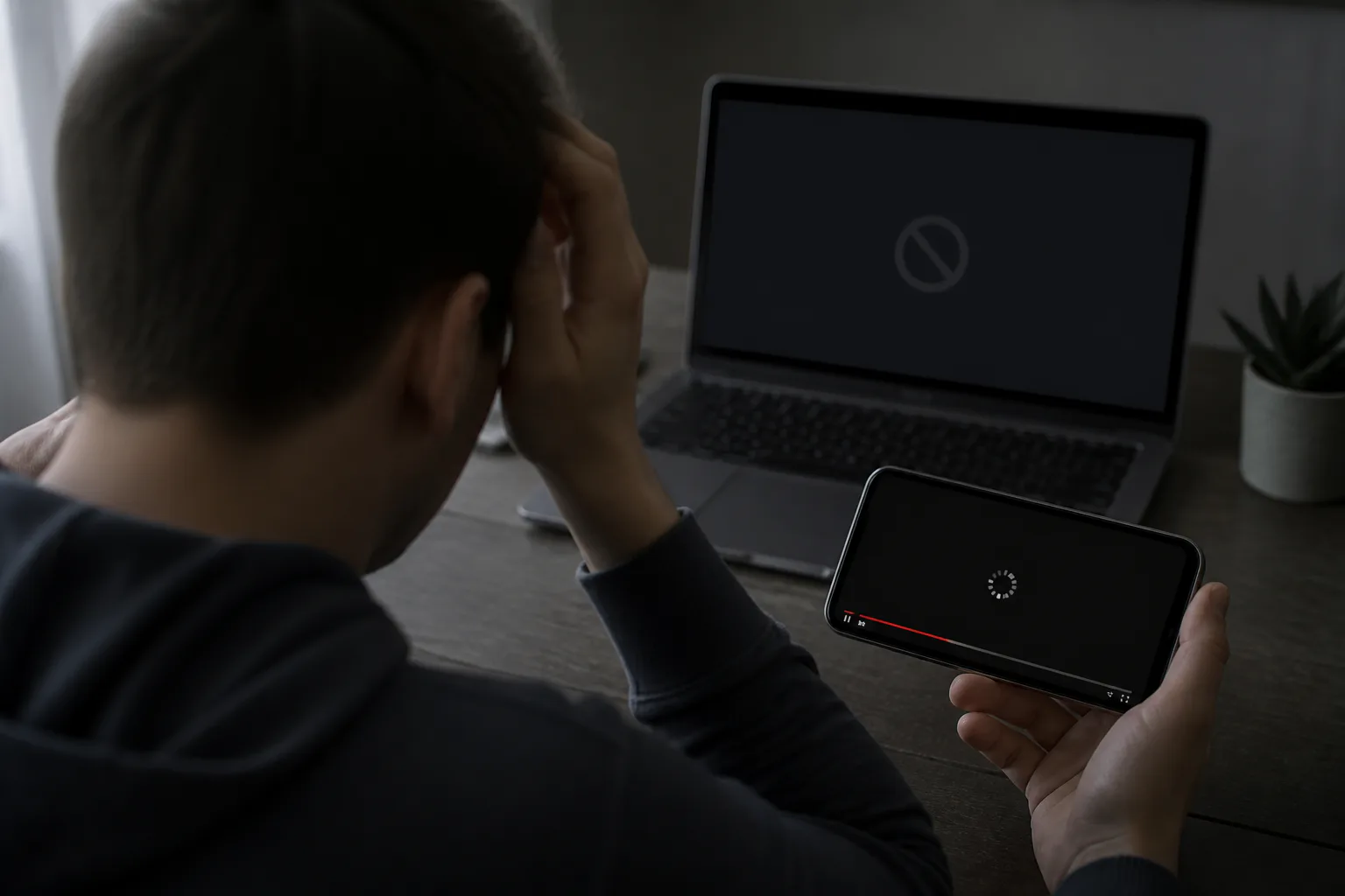 Person holding phone beside a laptop
