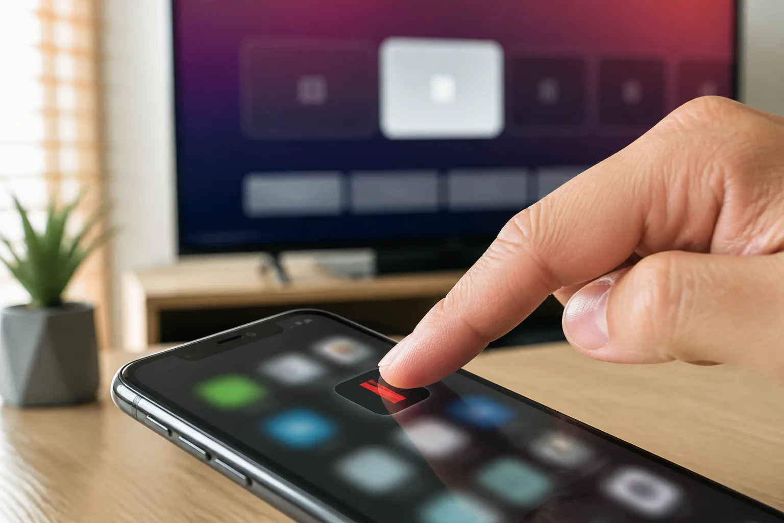 Finger tapping a streaming app on a smartphone