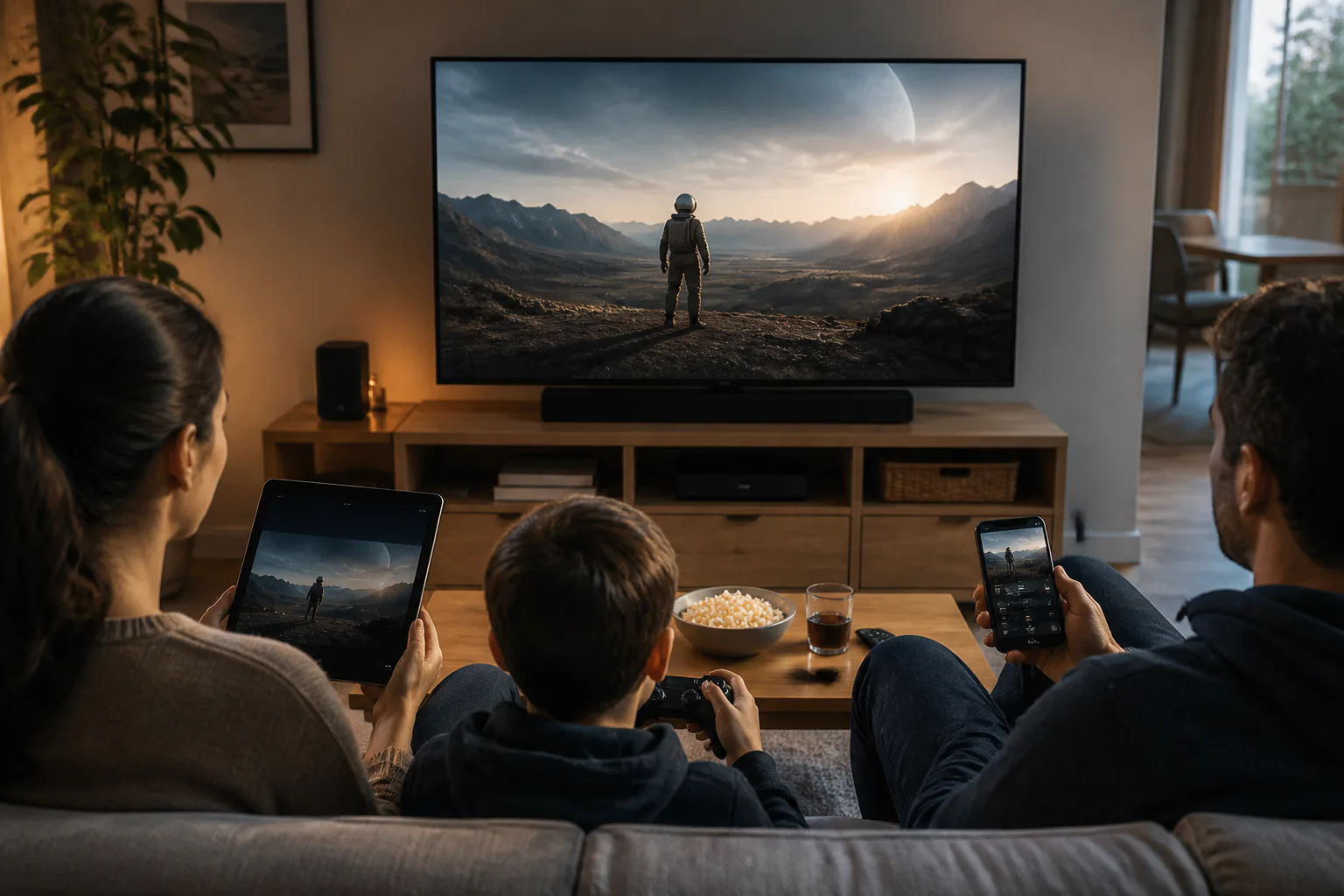 Family watching a space adventure on screens