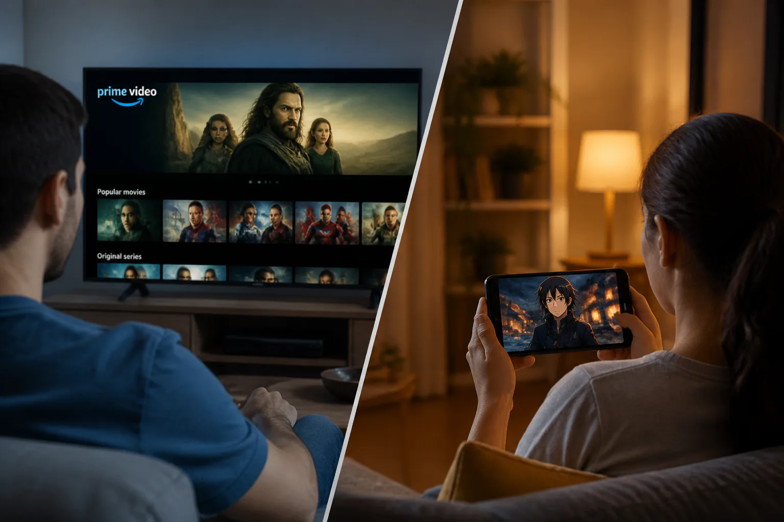 People watching streaming video on TV and tablet