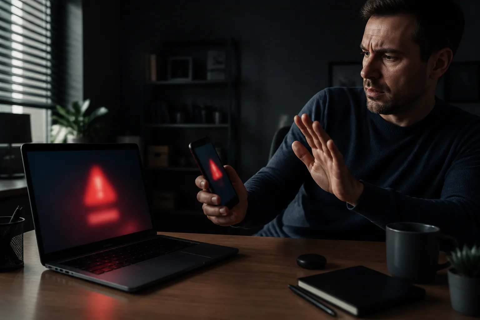 Man holding warning-sign phone beside laptop