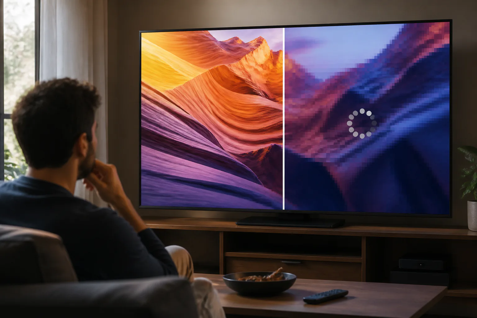 Person watching a split-screen TV display
