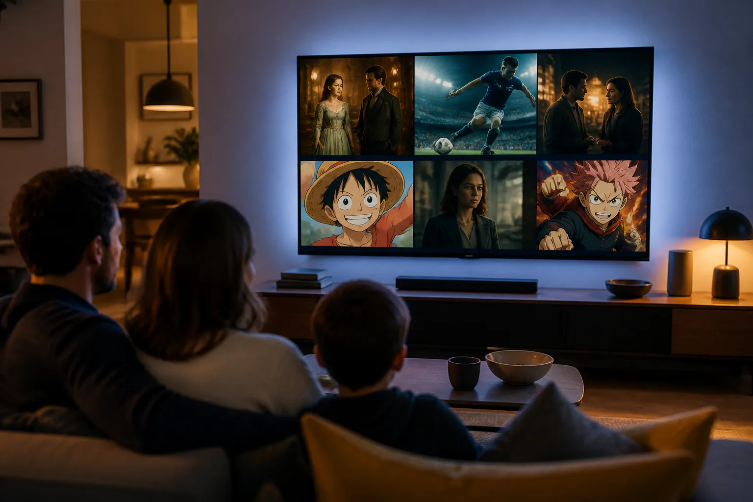 Family watching a collage on a television