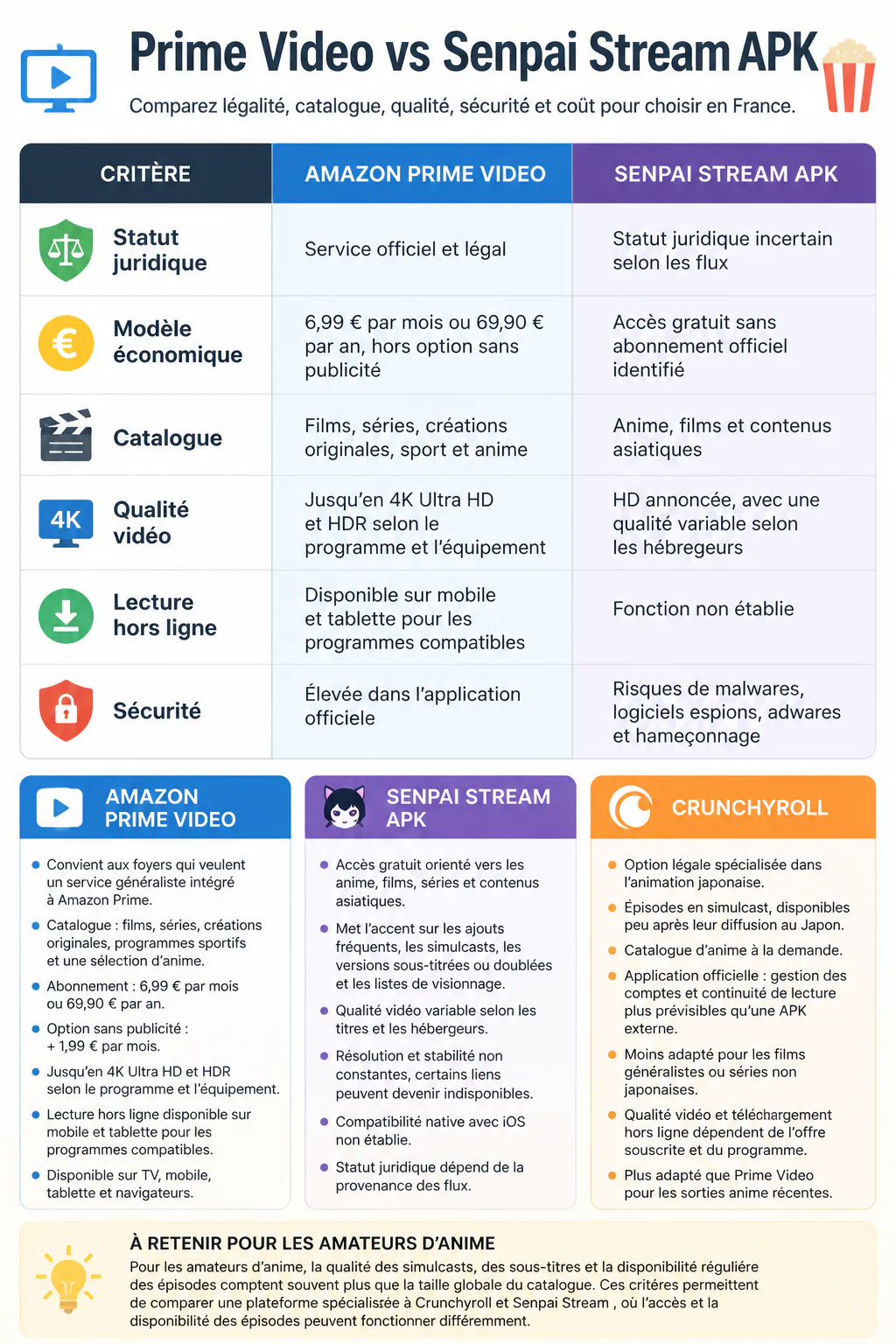 Infographie comparant Prime Video et Senpai Stream APK
